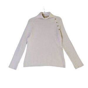 J. Mclaughlin Women's Ivory Long Sleeve Gold Button Accent Ribbed Turtleneck M
